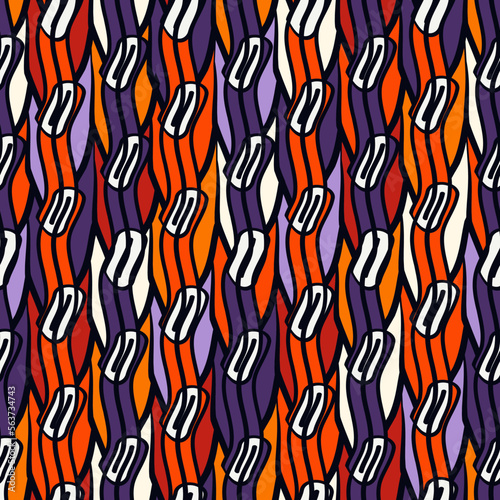 Brush lines seamless pattern. Freehand stripes print. Wavy linear background. Simple geometric motif. Curves image. Ethnic digital paper. Repeated waves print. Trendy ikat design. Vector art.