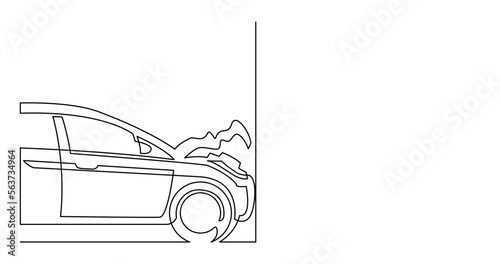 continuous line drawing vector illustration with FULLY EDITABLE STROKE of damaged car smashed into wall