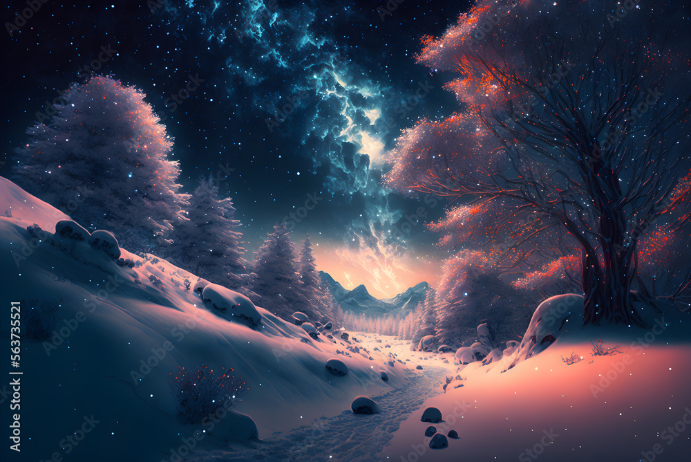 snow landscape fantasy sky stars Generative AI