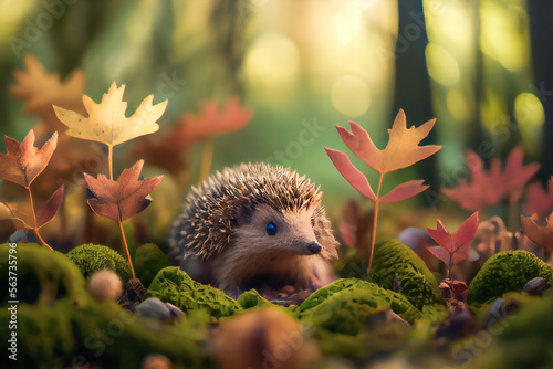  Hedgehog in the forest.  Generative AI. © EwaStudio