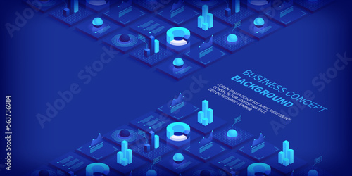 Business and finance abstract vector isometric background. Online statistics and data analytics. Digital money market; investment and trading. Perfect for web design; banner and presentation.