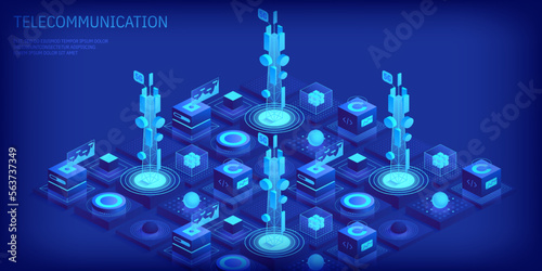 Telecommunication signal transmitter tower. Future innovative wireless fast network technology concept. Isometric illustration vector design.
