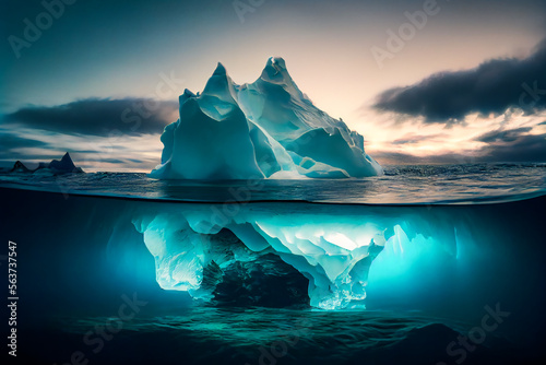 Blue Iceberg in Antarctica.  Global Warming Concept. Generative AI.