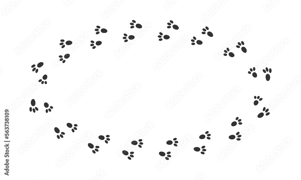 Obraz premium Ellipse frame with cute bunny pawprints, hare feet steps, rabbit paw silhouettes. Design for Valentine day or Easter greeting card or photo frame. Vector graphic illustration