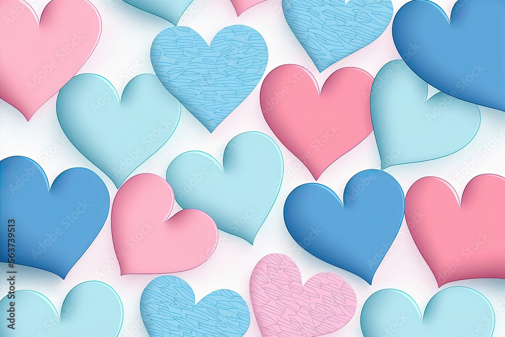 Seamless pattern of heart, pastele blue, pink hearts, generative ai