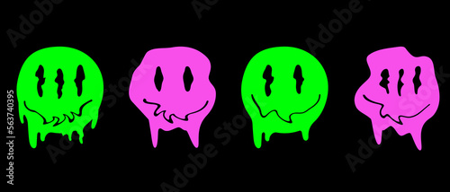 Set of psychedelic quirky cartoon face. Melted smile faces in trippy acid rave style. Design for stickers, sweatshirts, t-shirts. Vector illustration