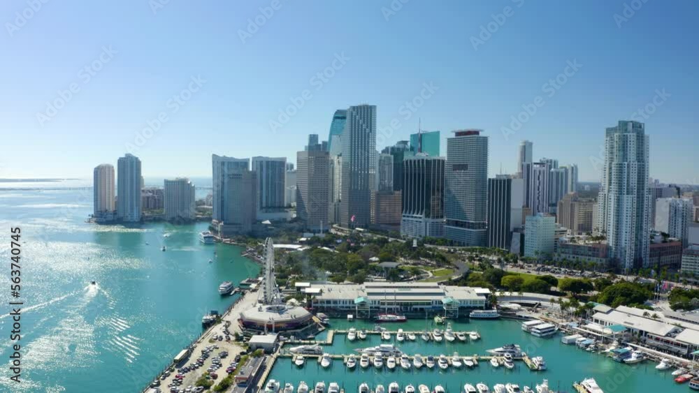 Aerial drone city tour 4k Miami. Drone View Downtown Miami. Aerial over Miami Beach, FL and Ocean Drive. Aerial drone footage flying directly above a city. 