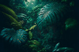 Tropical Rainforest Landscape background. Tropical jungle palms. Generative AI .