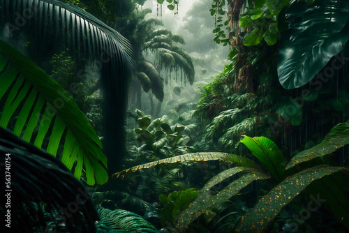 Tropical Rainforest Landscape background. Tropical jungle palms. Generative AI .