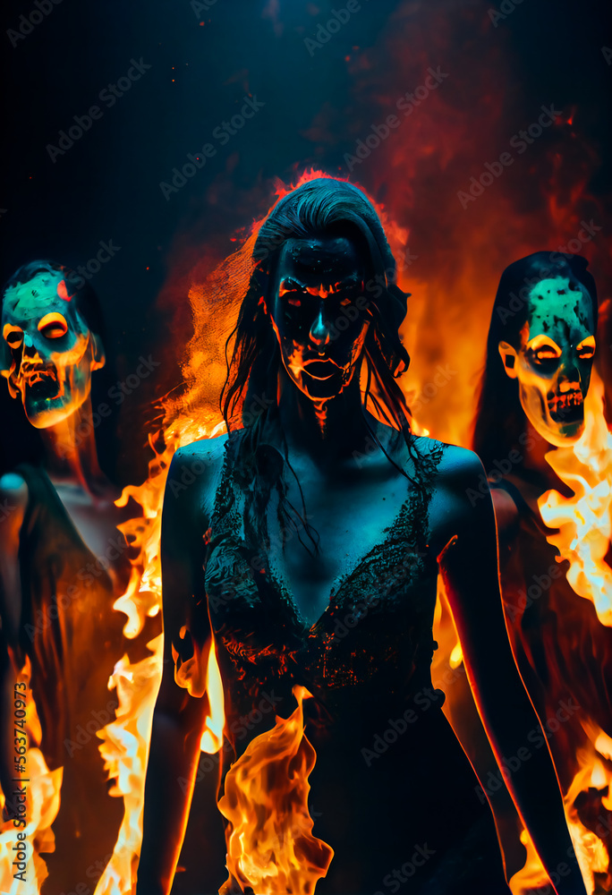 Zombies In Fire. Apocalyptic. Halloween concept. Generative AI. Zombies In Fire. Apocalyptic. Halloween concept. Generative AI.
