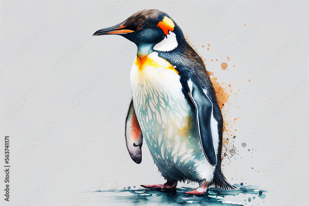 Obraz premium Penguin, watercolor, pastel, colors. ethereal. high quality. ephemeral art. Generated AI.