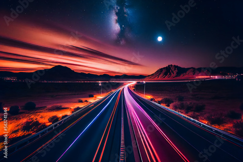 A long exposure photo of a highway at night. Generative AI.