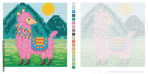 vector pixel illustration, pink llama on the background of mountains, coloring book, embroidery design, mosaic, creativity, development of motor skills and imagination