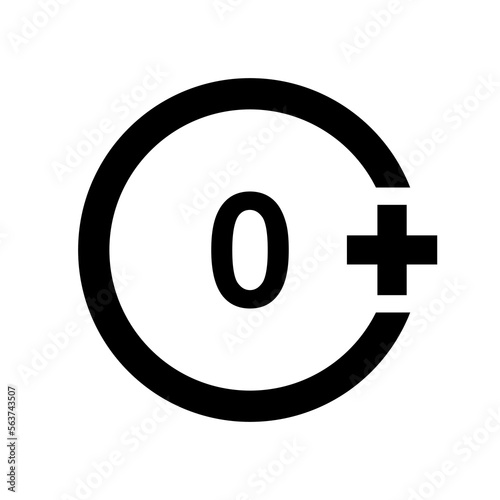 Zero plus icon. Number 0 in circle isolated on white background. Newborn suitable symbol. Baby medicine, toy or cartoon allowed label. Vector graphic illustration
