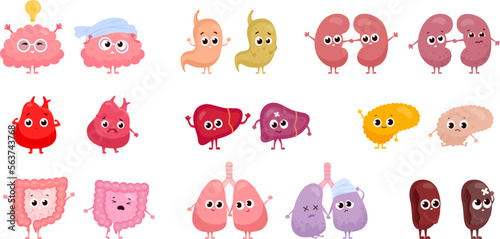 Healthy unhealthy organs. Whole and damaged human internal organ, sad or happy face characters anatomical parts stomach heart gut kidney sick liver cute cartoon vector illustration