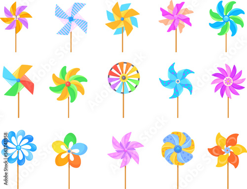 Windmill toy. Paper pinwheel toys, cartoon wind vane summer breeze weather, colored child origami mill pin wheel with flower for baby kid fan weathercock, neat vector illustration