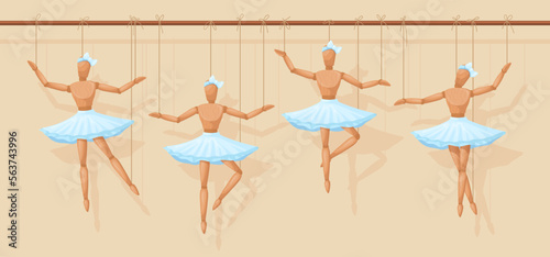 Marionette ballerina. Wooden marionettes artificial ballet or theatre show, carved wood human doll, hanging puppet girl in master hand, dancing model toys neat vector illustration photo