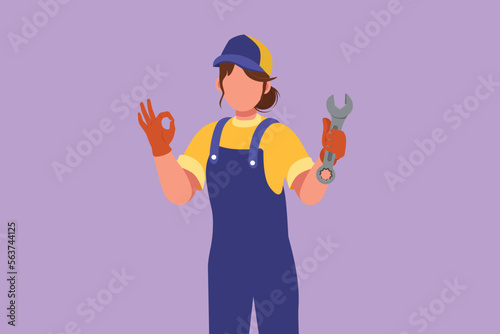 Cartoon flat style drawing of attractive female mechanic holding wrench with okay gesture and ready to perform maintenance on the vehicle engine or transportation. Graphic design vector illustration