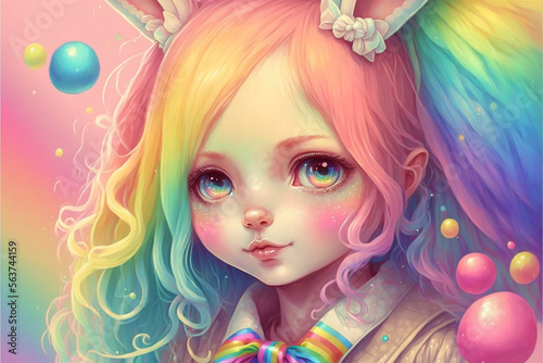 Portrait of bunny girl with rainbow hair - cute doll series - made with Generative AI