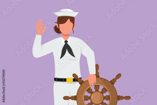 Character flat drawing bravery sailor woman with okay gesture ready to sail across seas in ship that is headed by captain. Cute female sailor traveling across ocean. Cartoon design vector illustration