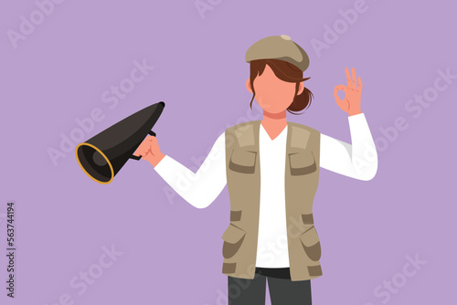 Graphic flat design drawing female film director holding megaphone with okay gesture, wearing vest, and cap while set film crew for shooting romance movie in studio. Cartoon style vector illustration