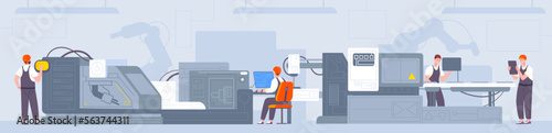 Automatic line workers. Engineer work at factory conveyor belt automated industry production efficient plant managers smart assembly machine monitoring splendid vector illustration