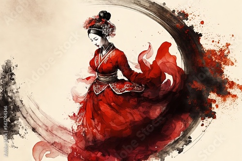 a chinese bride dancing in tradtional wedding dress, red and black watercolor painting, generative AI photo