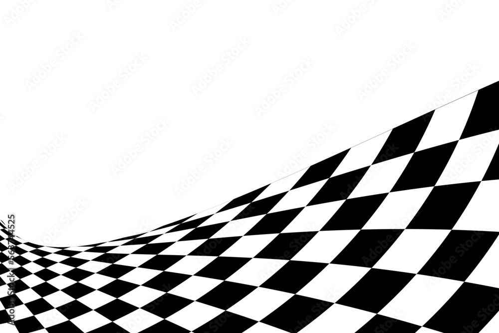 Wavy race flag or chessboard texture. Black and white checkered pattern warped in perspective. Motocross, rally, sport car or chess game competition background - obrazy, fototapety, plakaty 