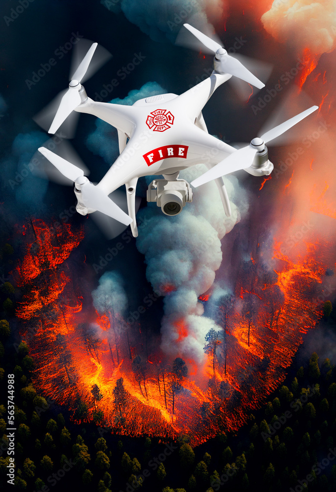 Fire Department Unmanned Aircraft System, (UAS) Drone Above a Forest Fire -  Generative AI. Illustration Stock | Adobe Stock