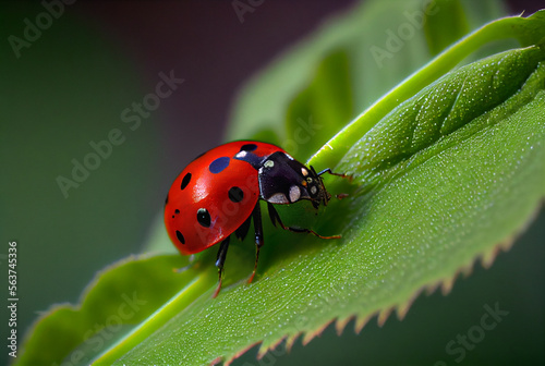 Red Ladybug Resting on a Green Leaf - Generative AI.