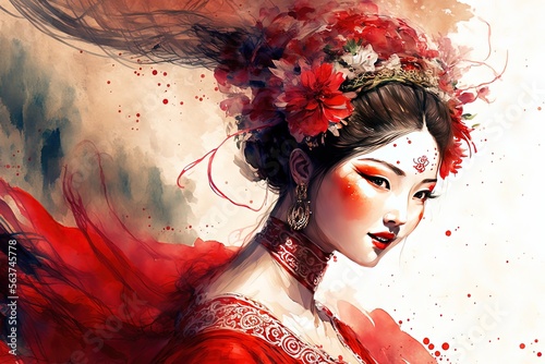 portrait of a chinese bride wearing red tradtional wedding dress and headdress, watercolor painting in red and black, generative AI photo