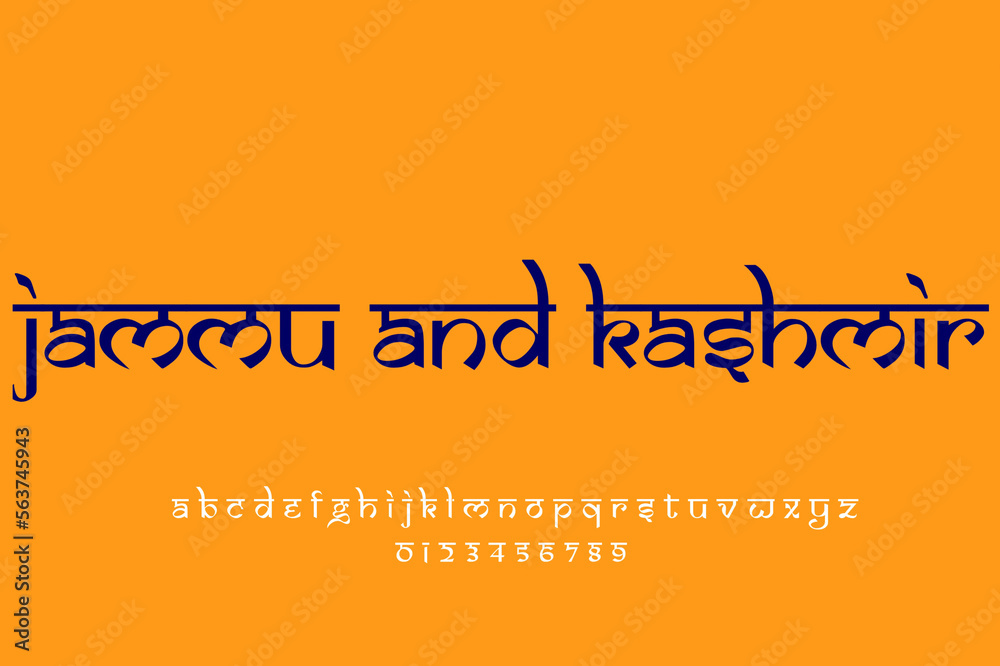 Indian state Jammu and Kashmir text design. Indian style Latin font design, Devanagari inspired alphabet, letters and numbers, illustration.