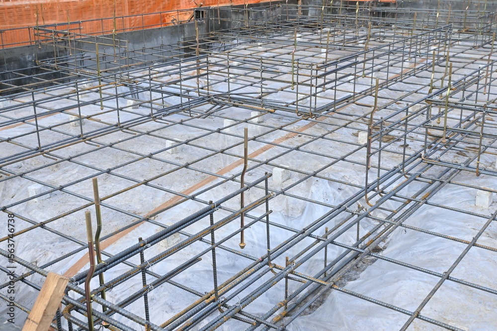 Fototapeta premium A view of foundation work for new housing construction.