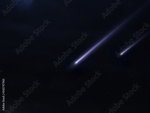 Two meteorites fall to Earth at night. Space objects in the starry sky. Scientific observation of shooting stars, meteors. Astronomical photo.