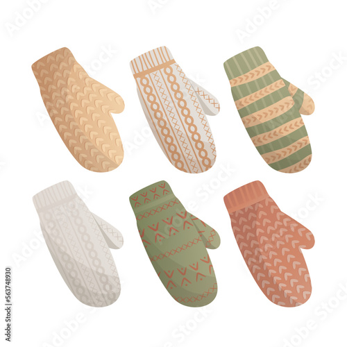Knitting gloves and mittens elements. Set of elements for knitting hobby. Warm clothes, cozy winter. Isolated vector illustration for poster, banner, cover, card.