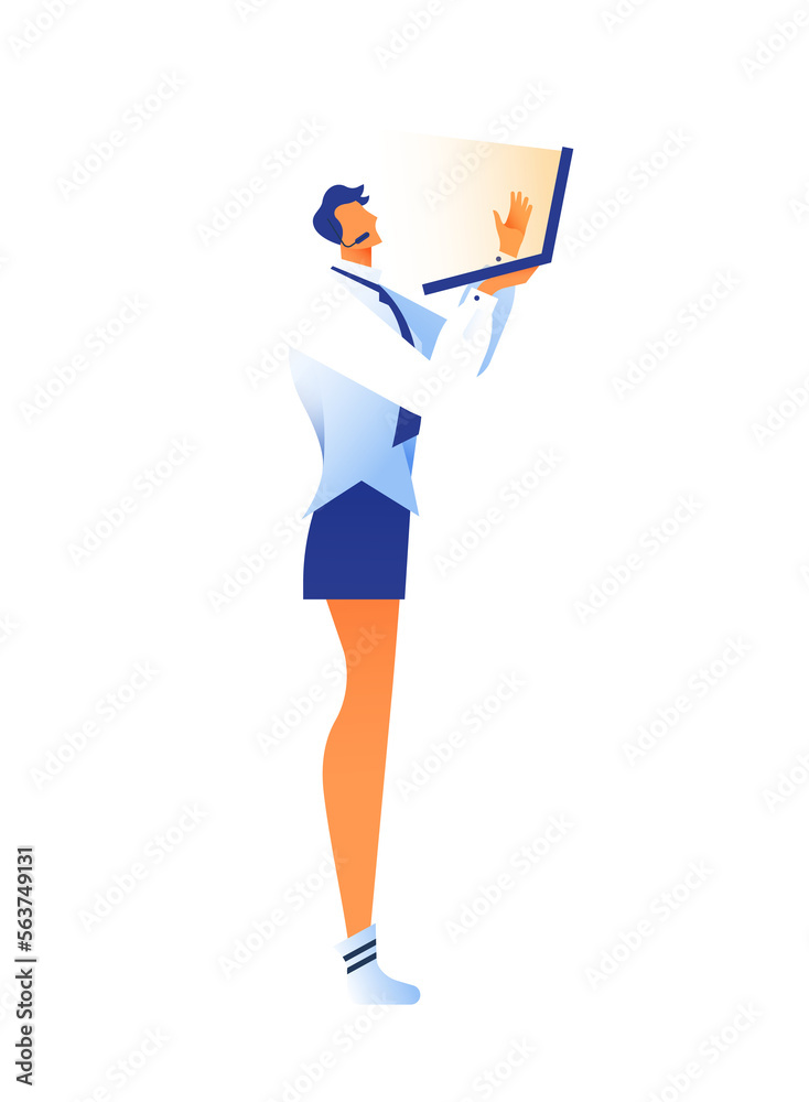 Young man working from home office making video conference call with laptop computer. Modern freelance worker or remote online business concept in trendy flat gradient cartoon style. Young man working from home office making video conference call with laptop computer. Modern freelance worker or remote online business concept in trendy flat gradient cartoon style.