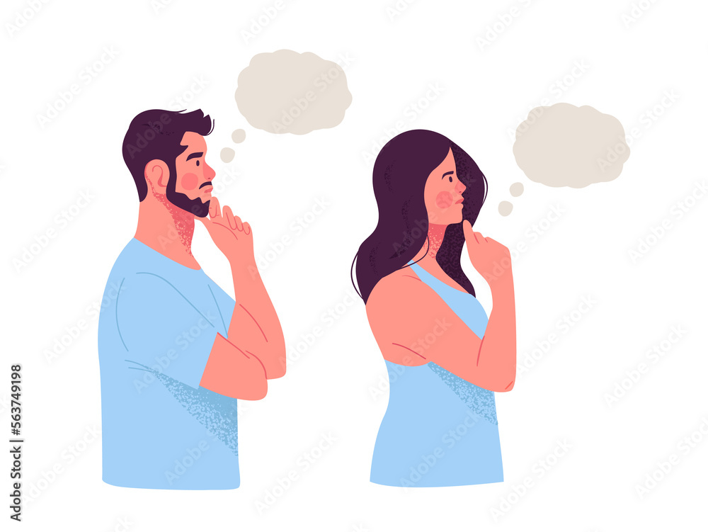 Man and woman thinking with empty thought bubble on isolated background. Modern flat cartoon character illustration. Man and woman thinking with empty thought bubble on isolated background. Modern flat cartoon character illustration.