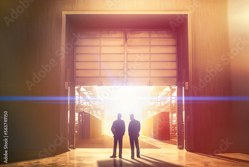 Silhouetted Businessmen Standing Near Opening of Large Commercial Industrial Building - Generative AI.