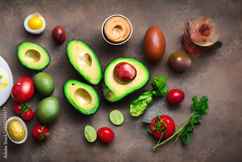 healthy food in a cooking table with avocados, tomatoes, eggs and other healthy food, 8 k resolution, food photography, studio lighting, sharp focus, generative ai