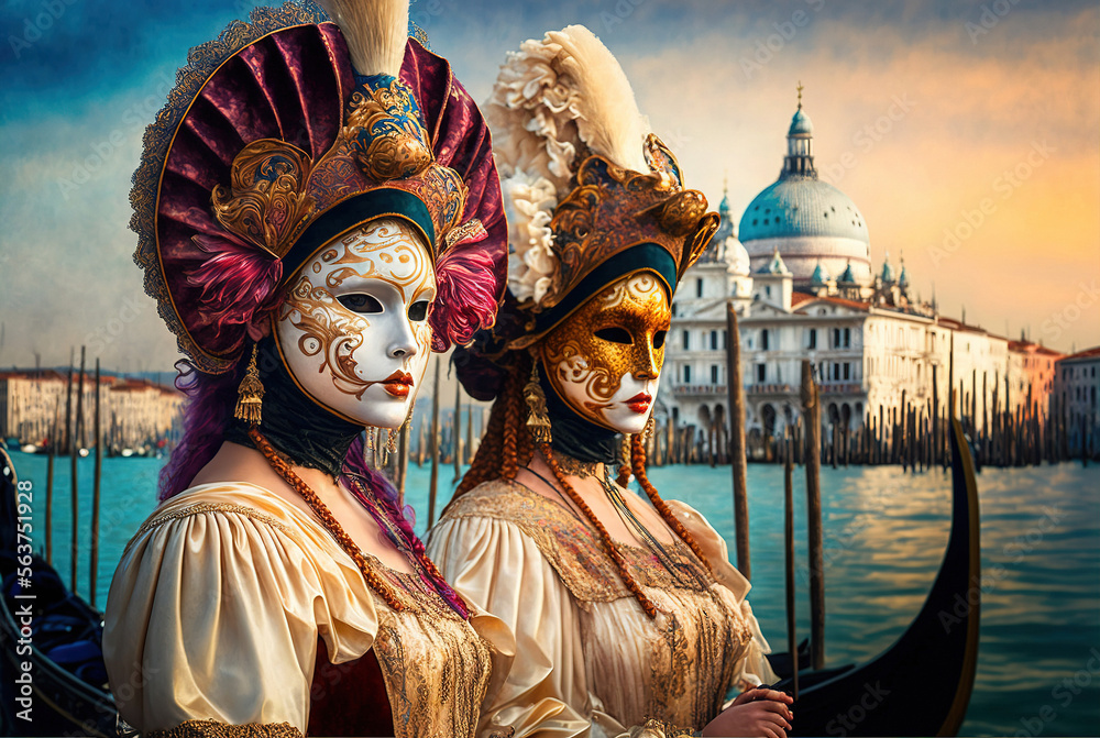 Portrait of two woman in Venice carnival wearing a white and gold mask with gondolas at the background. Generative AI