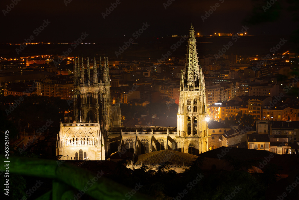 Evening view of the Burgos Cathedral from high, Burgos, Spain