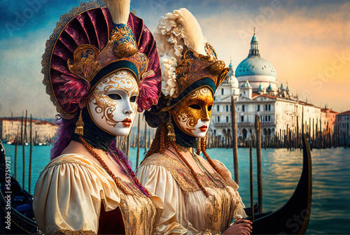 Portrait of two woman in Venice carnival wearing a white and gold mask with gondolas at the background. Generative AI