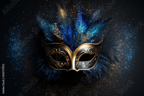 Luxury blue and golden carnival mask for Venice carnival. Venetian costume. Generative AI. © Oier