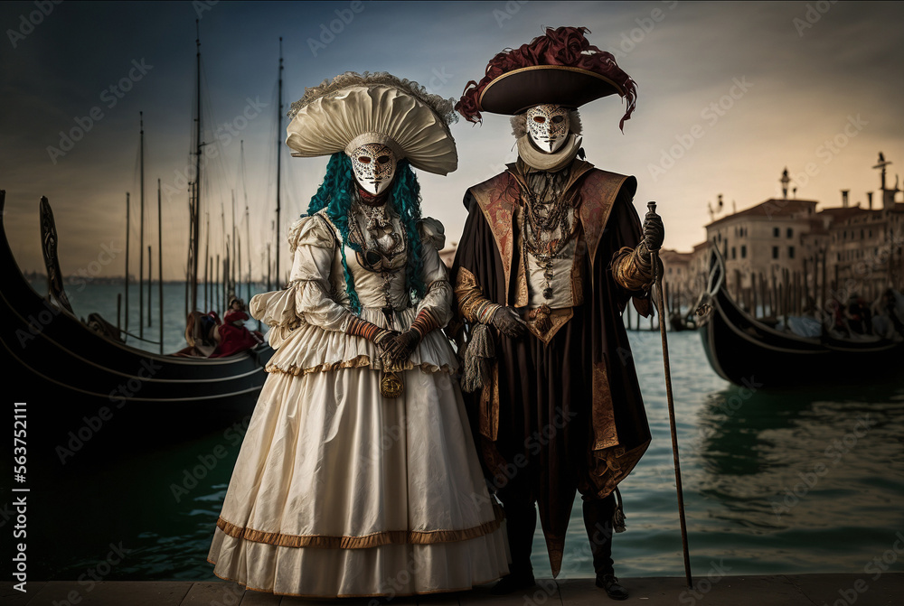 Full length body portrait of a couple with venetian masks with gondolas at the background. Venice carnival. Generative AI.