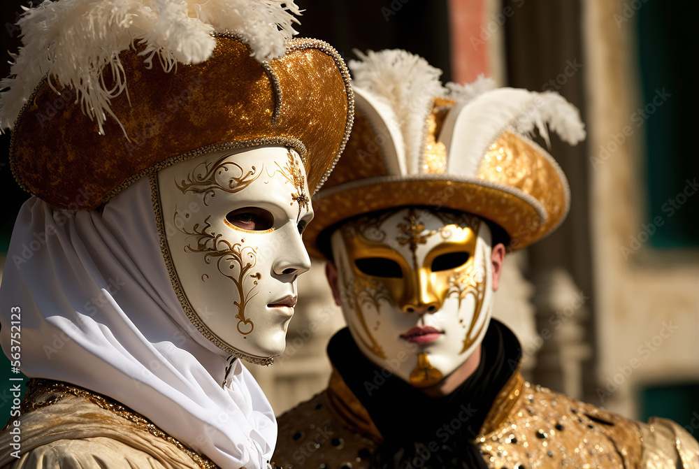 Close up portrait of two young people with golden venetian masks in Venice carnival party. Generative AI.