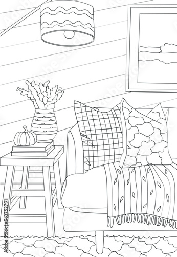 Room interior. Vector antistress coloring book on a white background.