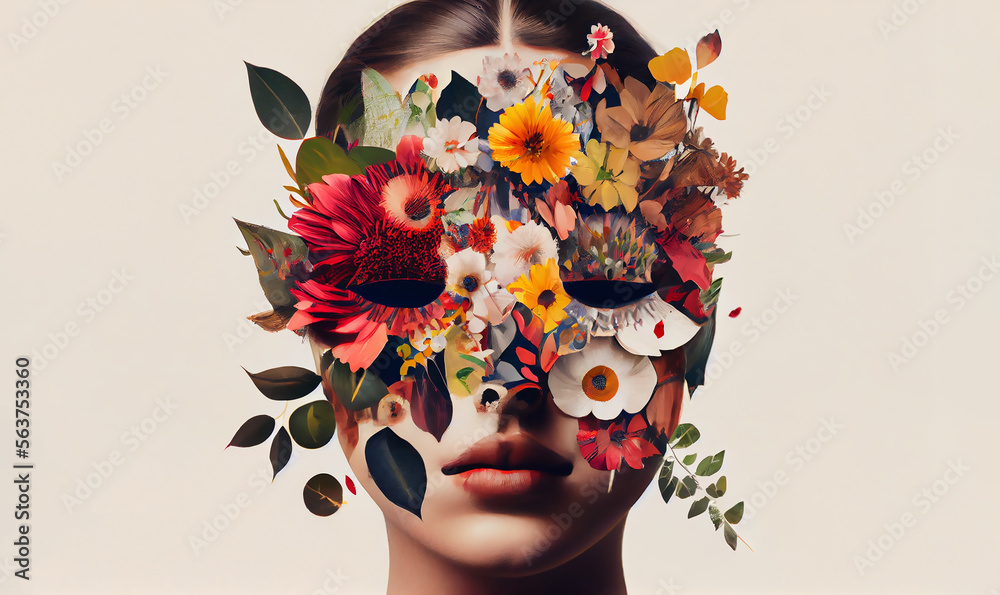 Abstract contemporary art collage portrait of young woman with flowers on face. Generative AI.