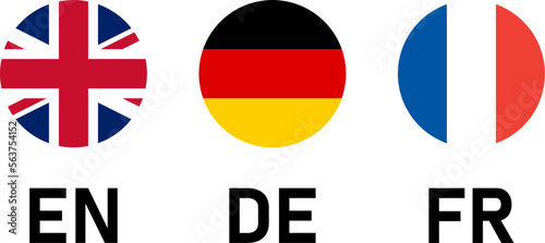 Round Flag Selection Button Badge Icon Set including UK, Germany and France Flags with Language Codes for English, German and French. Vector Image.