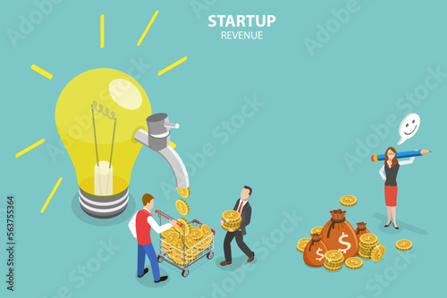 3D Isometric Flat Vector Conceptual Illustration of Startup Revenue, Generating of Creative Business Ideas
