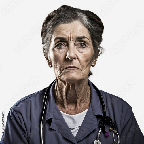 Concerned senior caucasian female nurse looking at the camera Generative AI photo